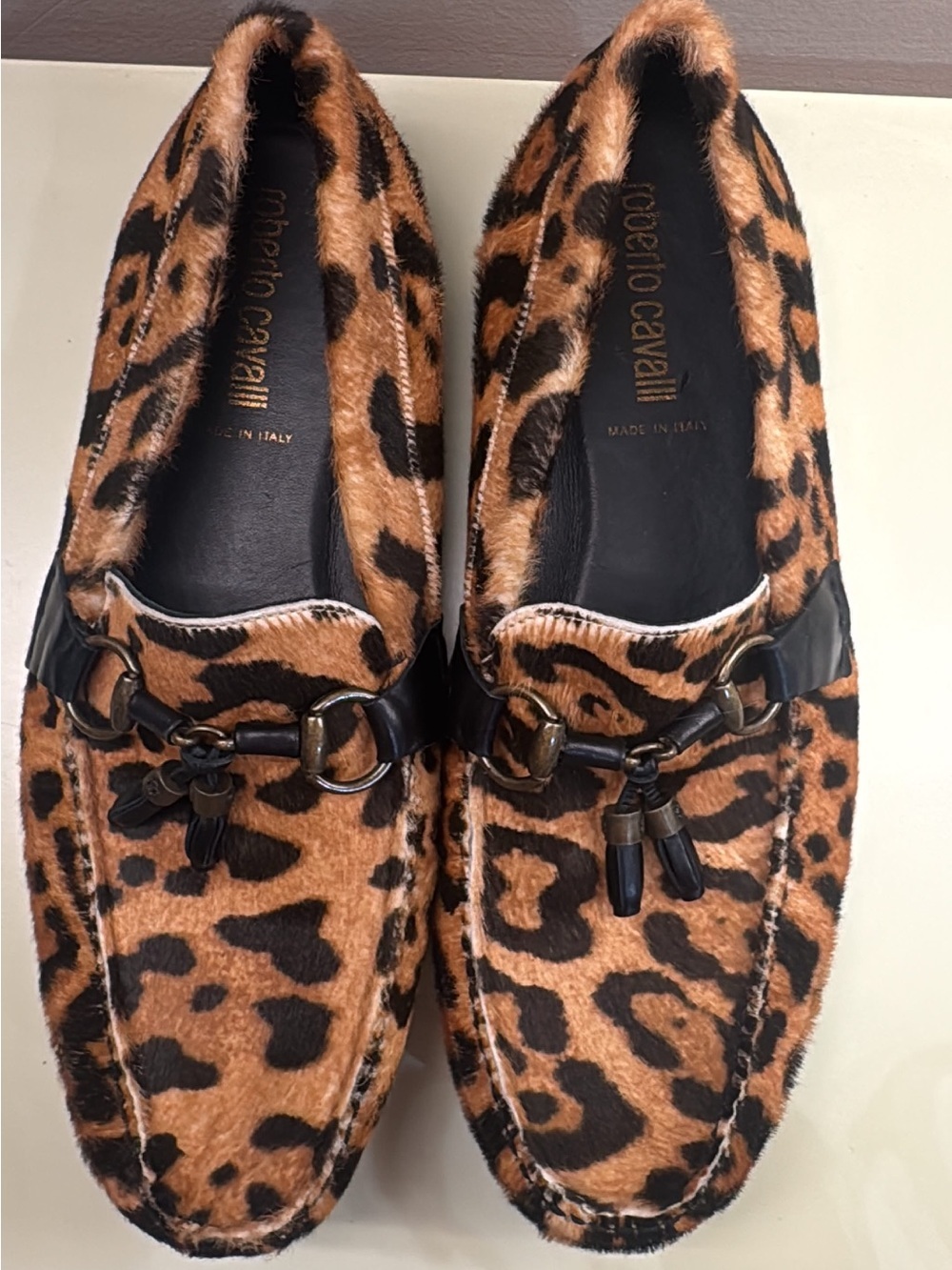 Roberto Cavalli Tan and Black Leopard-Print Tassel Loafers